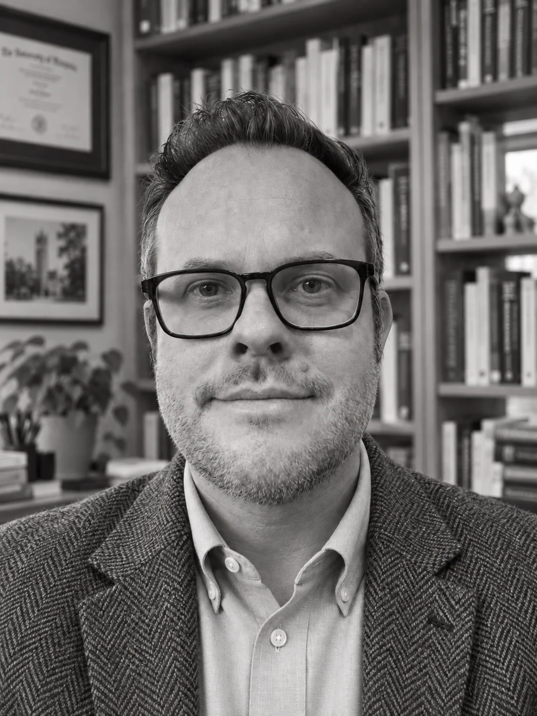 Black-and-white portrait of Stephen Andes in his study